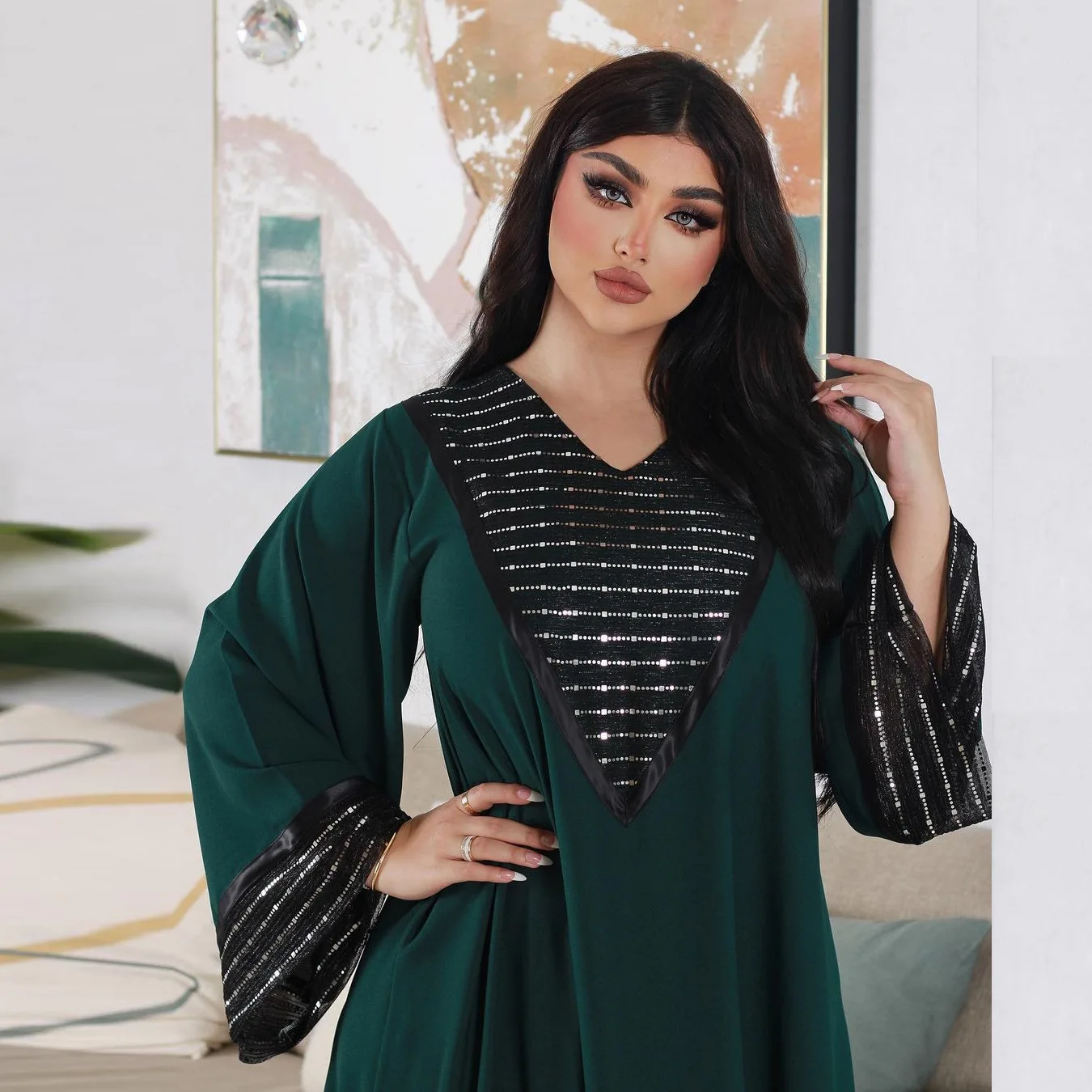 Fashion Sequins Black Mesh Patchwork Dubai Abaya Elegant Casual Full Sleeve V-Neck Long Dress Women Muslim Hijab Dress