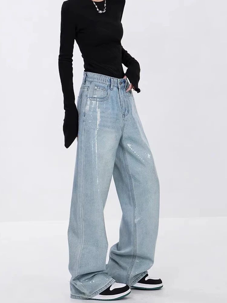 Heavy Sequins Jeans for Women 2024 Summer New Fashion Retro High Waist Loose Casual Straight Denim Pants Wide Leg Pants