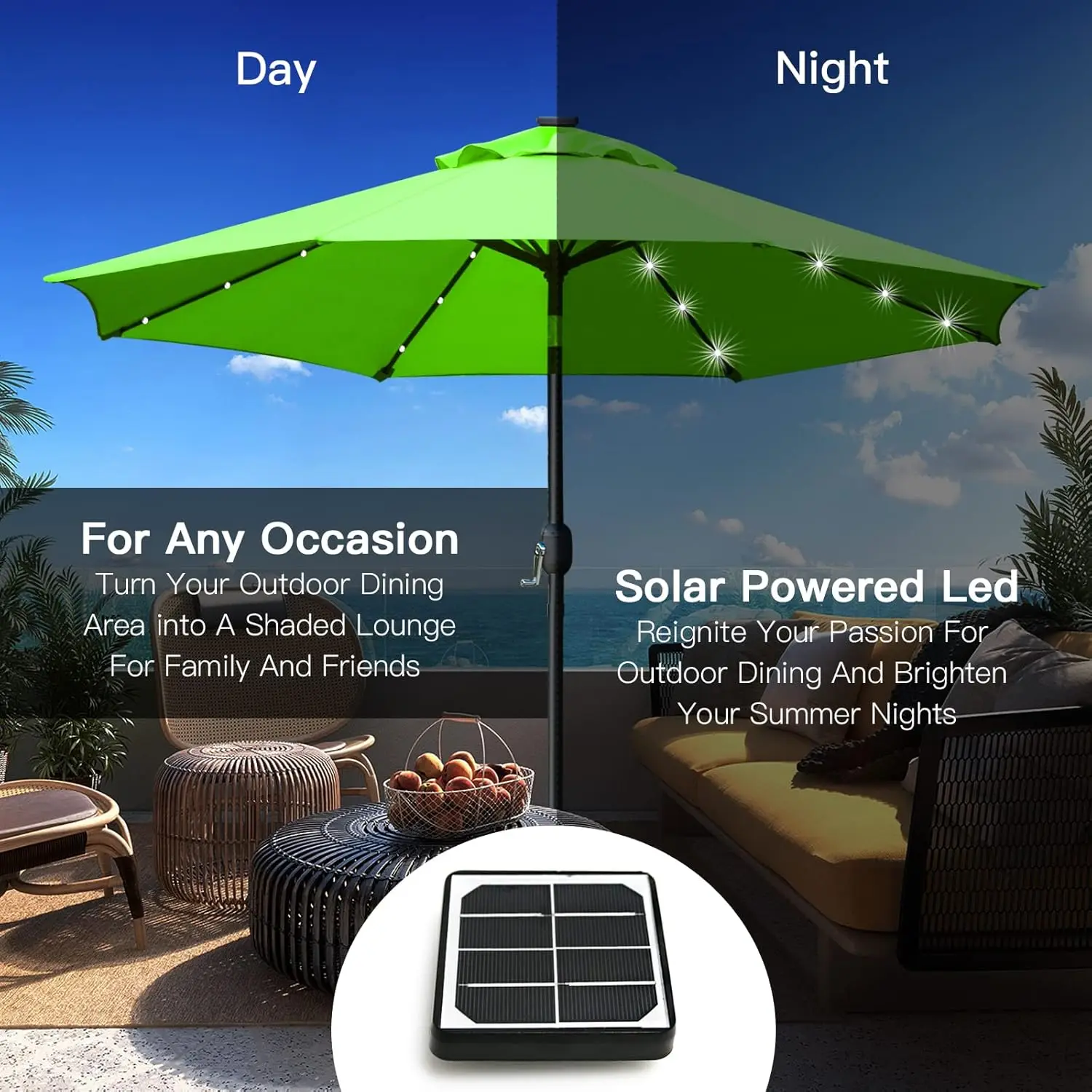 9' Solar LED Lighted Patio Umbrella with 8 Ribs/Tilt Adjustment and Crank Lift System (Grass Green) 5