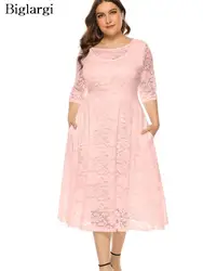 Plus Size Lace Summer Midi Dress Women Pink Patchwork Hollow Out Modis Ladies Dresses Casual Loose Woman Dress 2023
