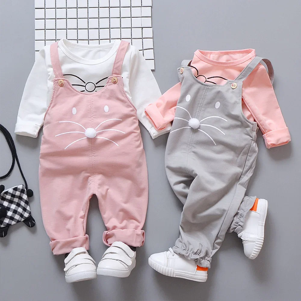 

2-Piece Baby Girl Clothes Spring Autumn Cute Cartoon Cat Mustache Baby Suit T-shirt+Conjoined 1-4 Years Old Kids Trousers Set