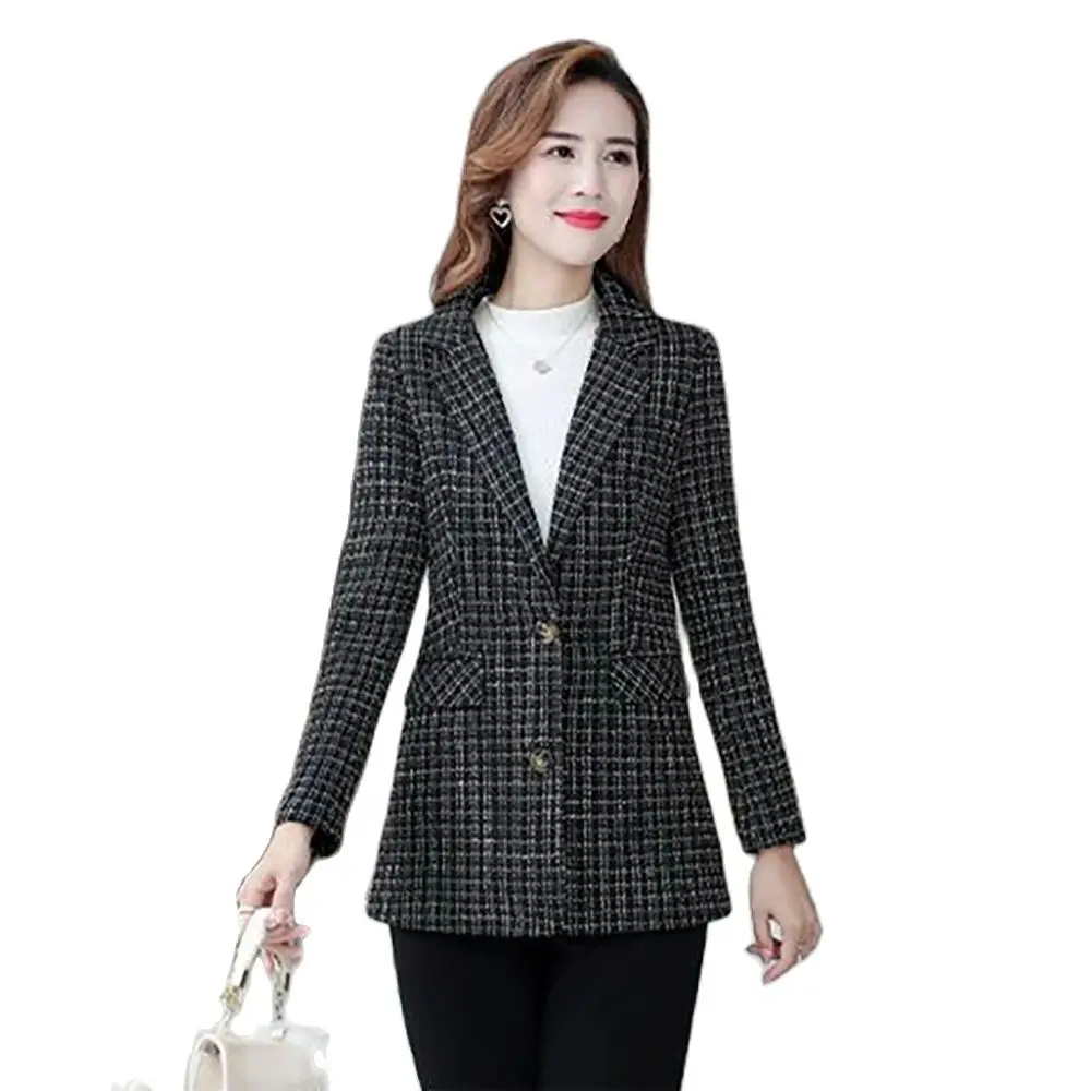 

Spring And Autumn Plaid Coat Womens nNew Slim Long-sleeved Coat Middle-aged And Elderly Mothers With Large-size Suits Female Tid
