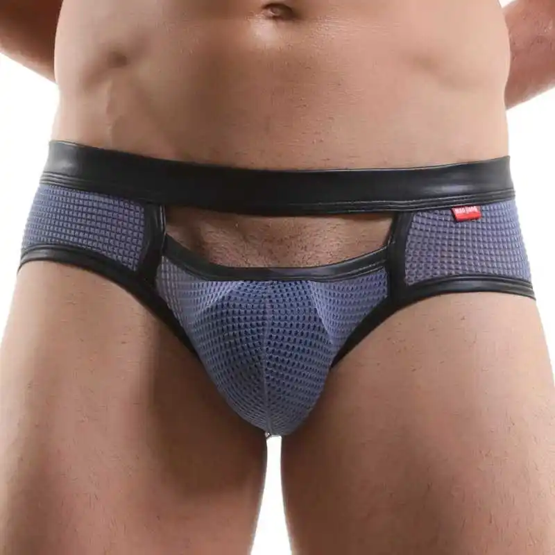 Brand Men Briefs Sexy Mesh See-through Underwear Hollow Out Open Penis Pouch Exotic Gay Lingerie Low-Waist Backless Male Panties 2