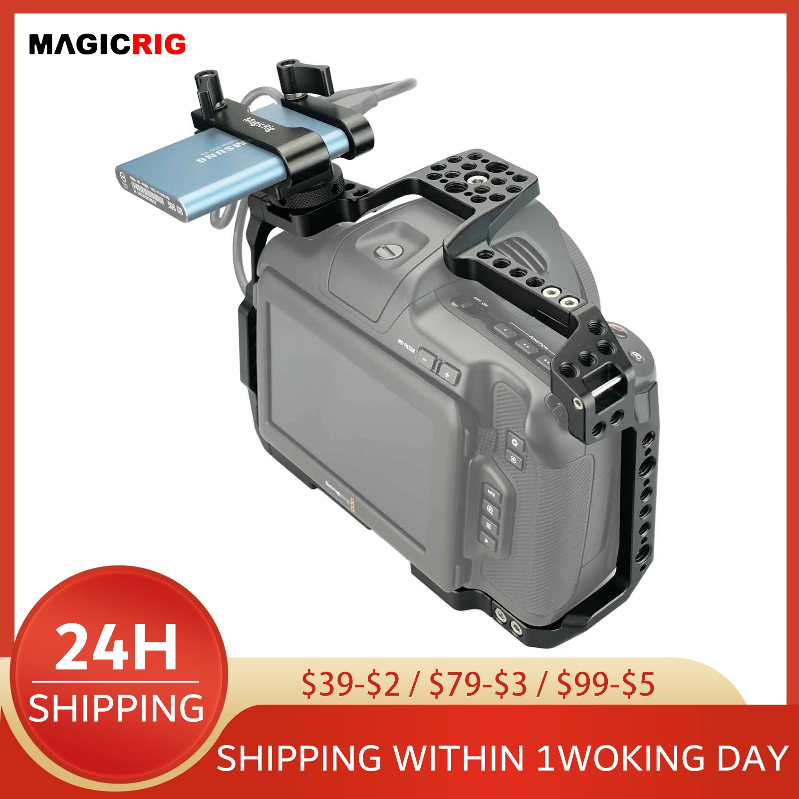 Magicrig Camera Cage Per Bmpcc 6K Pro, Con Supporto Ssd Per Samsung T5 / T7, Per Blackmagic Design Pocket Cinema Camera 6K Pro