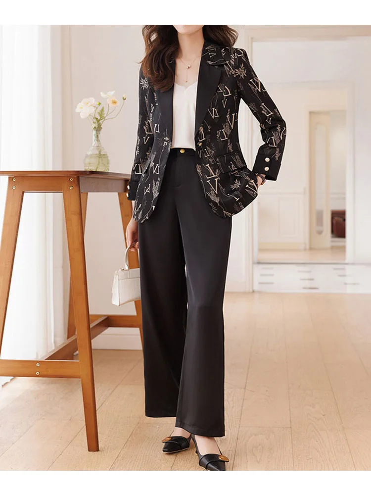 tesco autumn women s animal and letter print blazer pants suit black formal jacket wide leg long pants for office lady Tesco Autumn Women's Animal And Letter Print Blazer Pants Suit Black Formal Jacket Wide Leg Long Pants For Office Lady