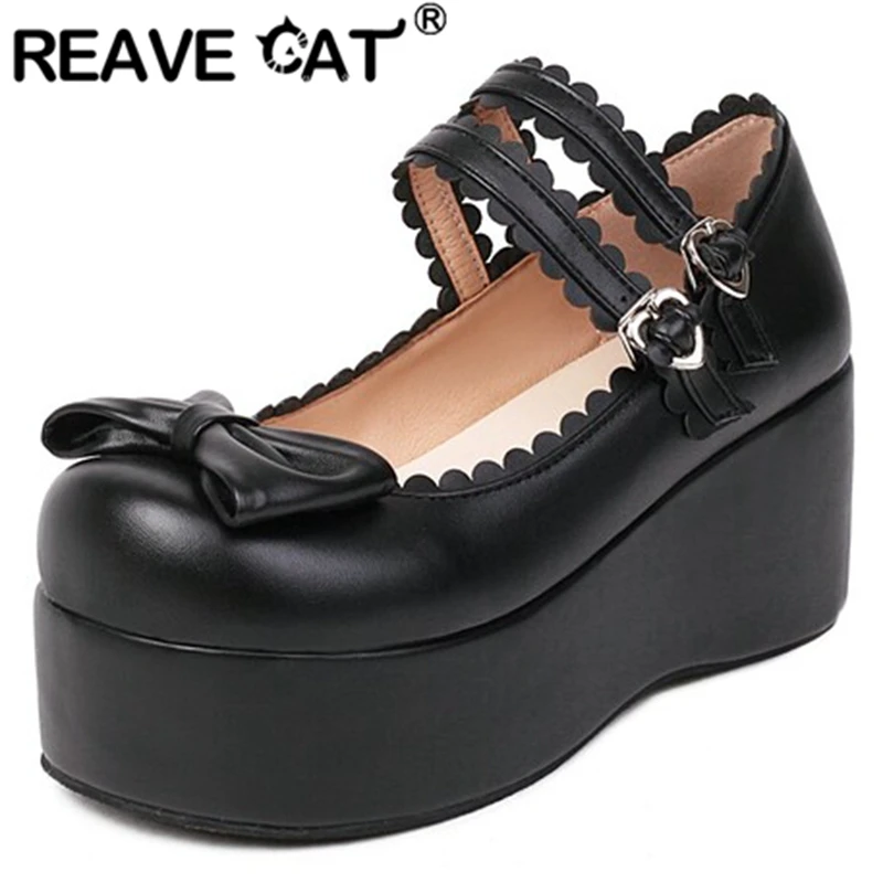 

REAVE CAT Ladies Platform Pumps Round Toe Thick Heels Bowtie Heart Buckle Straps Sweet Large Size 33-45 Pink White Spring S3334