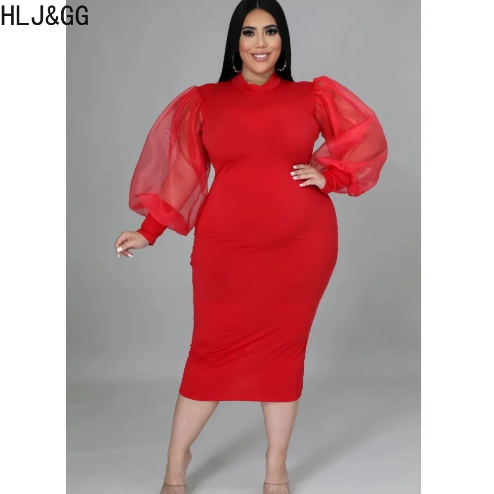 

HLJ&GG Casual Plus Size Mesh Splicing Lantern Sleeve Bodycon Knee Dresses Women Elegant Round Neck Solid Color Slim Vestidos 5XL