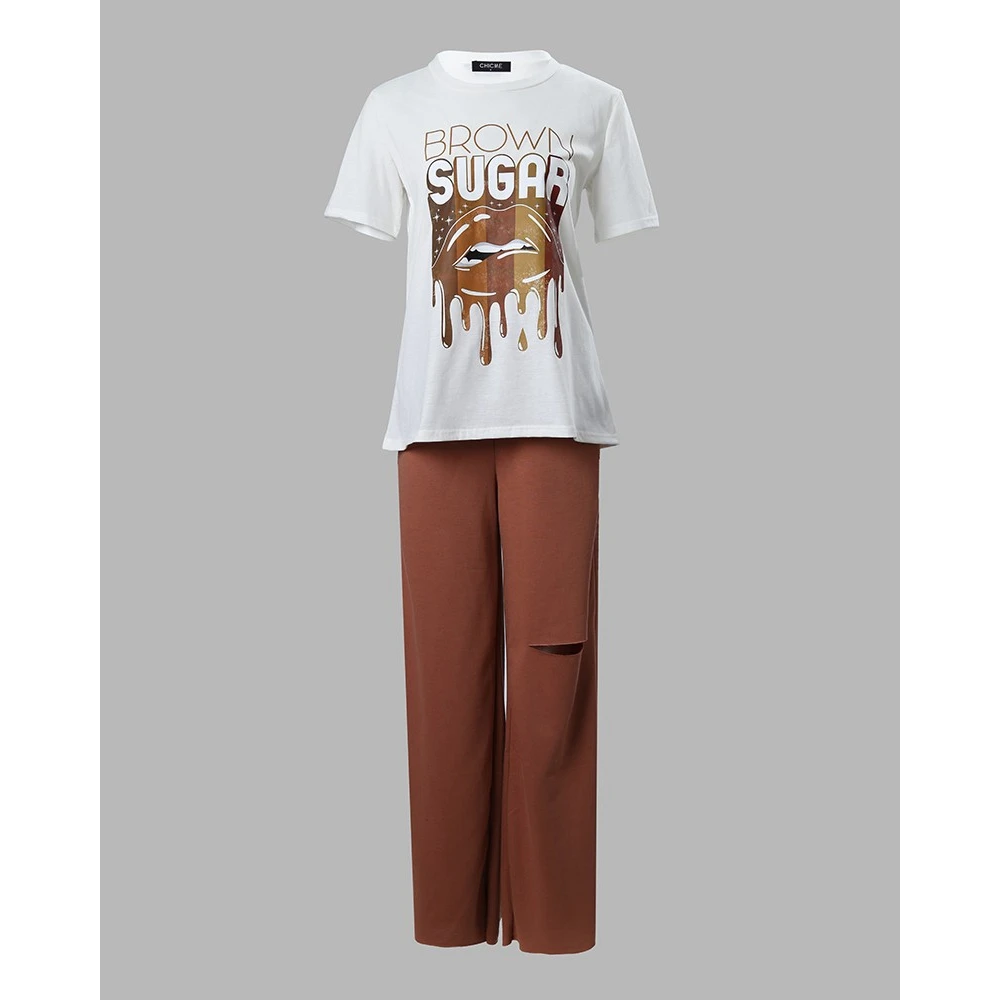 Women Fashion Letter Lip Print Tee Top & Loose Cutout Wide Leg Pants Set Summer Casual Sporty Short Sleeve Streetwear Suit Sets
