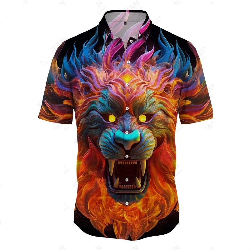 thumbnail image 1 of Camisas gráficas de animales coloridos con estampado completo para hombre, camisa de playa hawaiana de manga corta, camisa informal de verano holgada con botones para fiesta, 1 of 5
