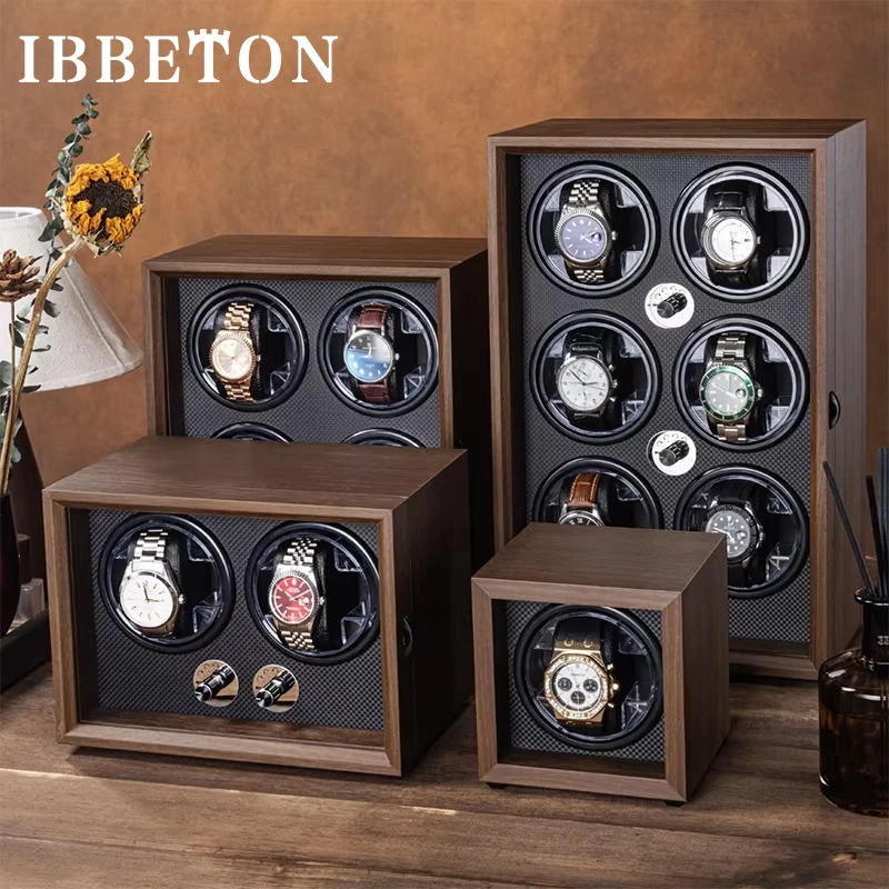 IBBETON 블랙 월넛 그레인 우드 자동 기계식 시계 와인더 멀티 시계 가정용 시계 보관함 케이스
