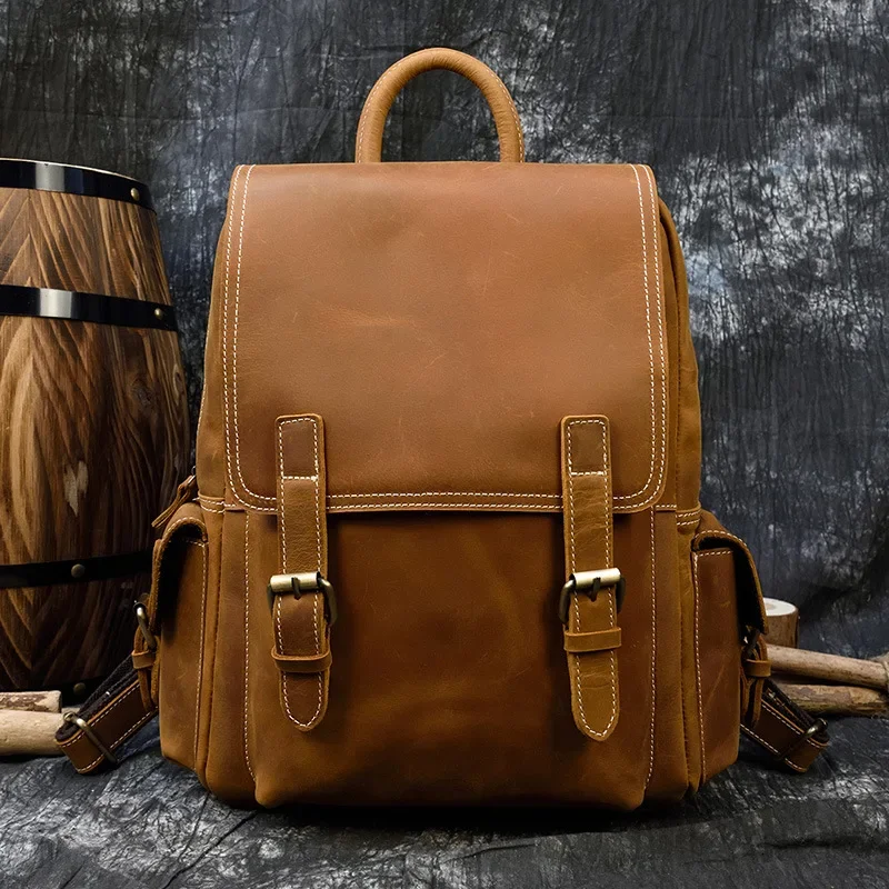 Vintage Crazy Horse Leather Backpack Men's Travel Bag Student School Bag Shoulder Bag