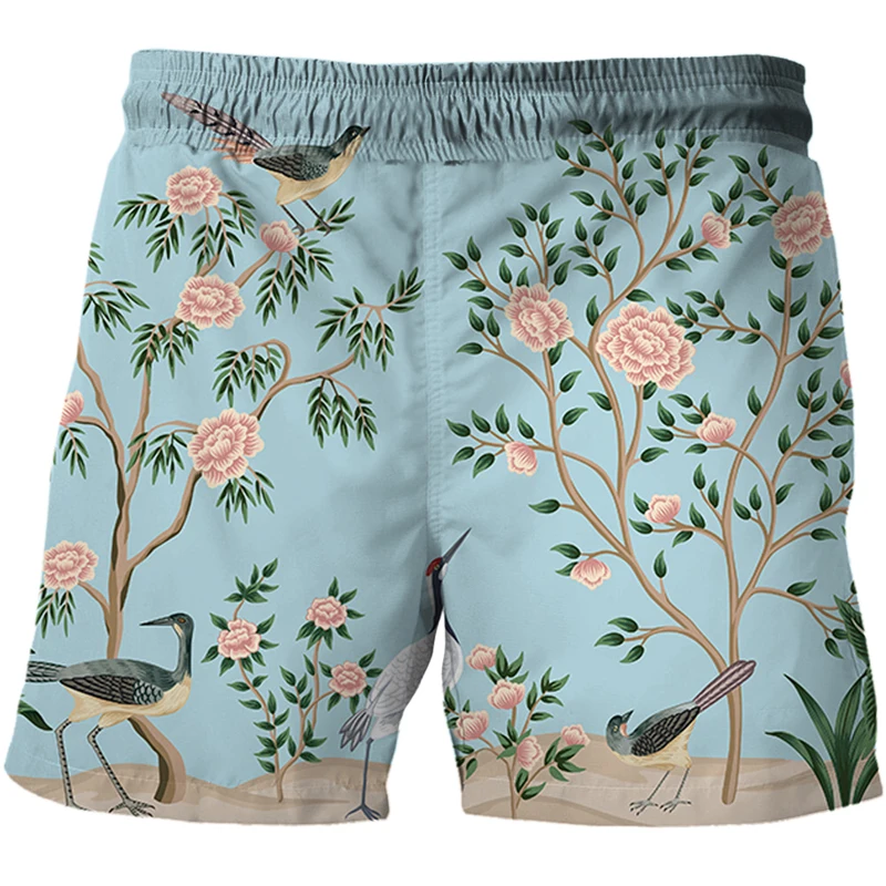 mens casual shorts Mens Flower, bird and plant illustration Shorts 3D Printed Casual Swimming trunks Swimsuit shorts For Adult Beach Shorts Pants mens casual shorts