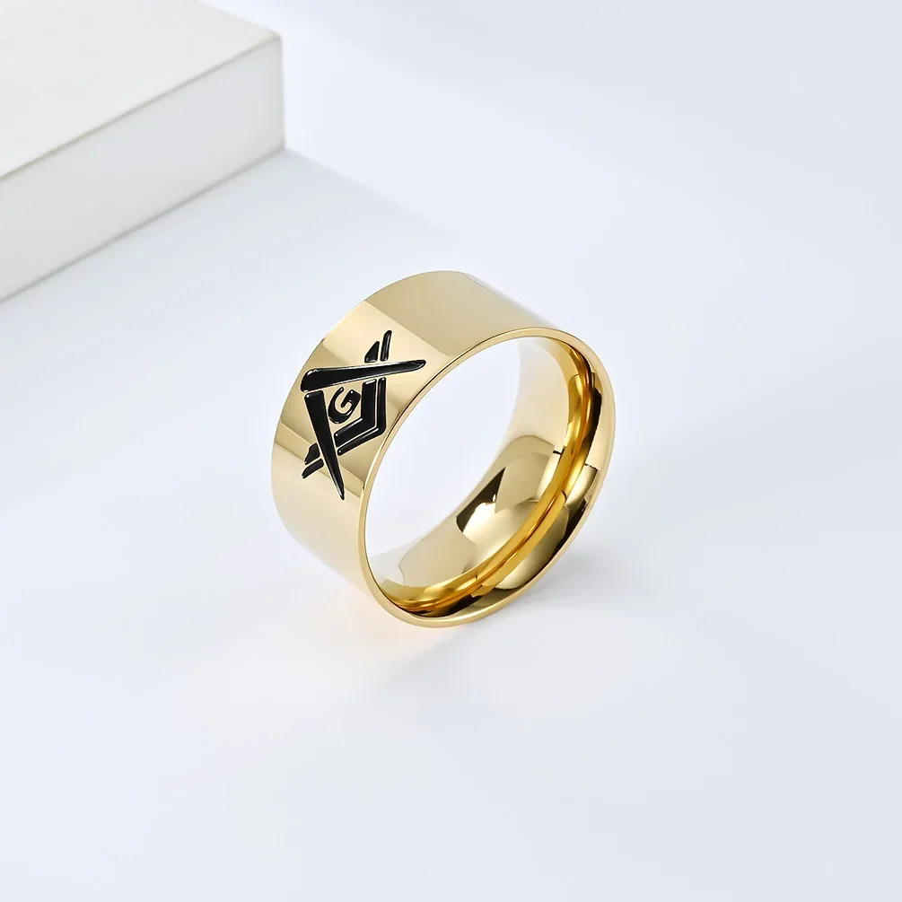 10mm Black Gold Plated Stainless Steel Men's Freemasonry Band Ring Cool Quality Titanium Mason Ring 4