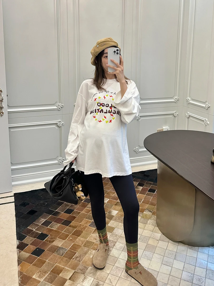[레오마미] 출산 의류 봄 · 가을 글자 프린트 긴소매 셔츠 디자이너 패션 코튼 헐렁한 탑