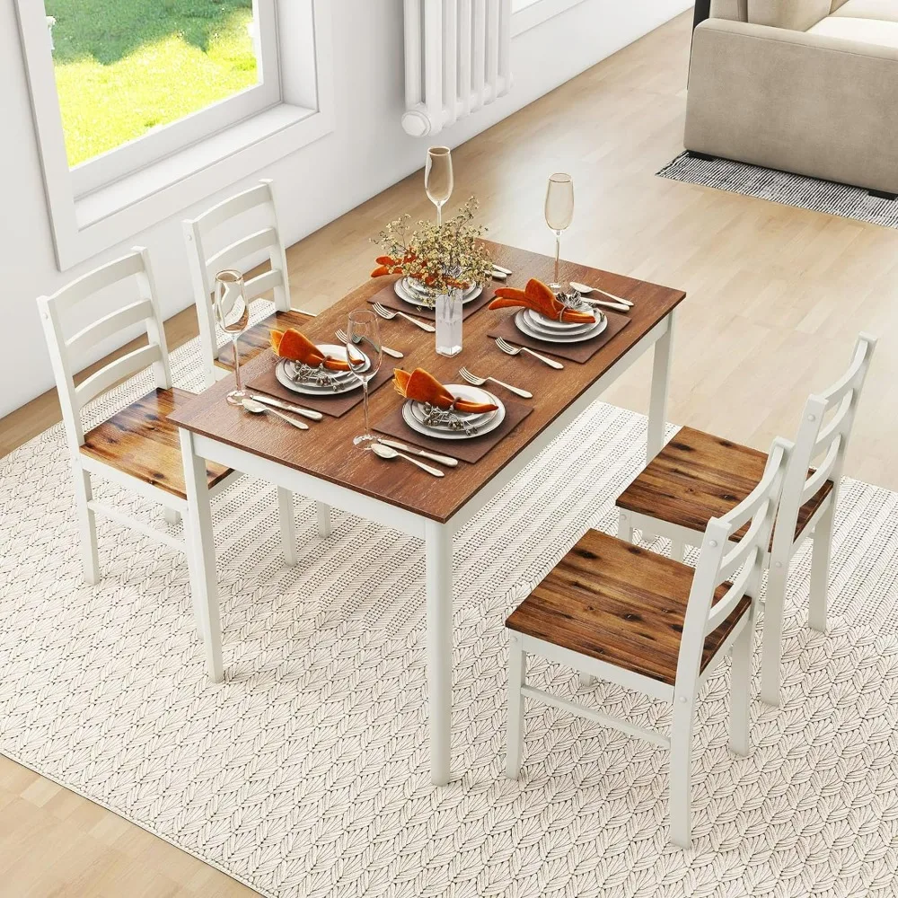 

Dining Table Set for 4, Dinette Set w/Rubber Wood Legs, Modern Dining Table & Chairs Set for Kitchen, Dining Room, Brown+White