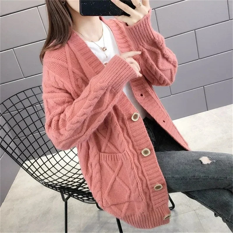 

Button Sweater Ladies Cardigan 2023 Spring Autumn Korean Version Loose Knit Sweater Solid Color Mid-Length Sweater Jacket Women