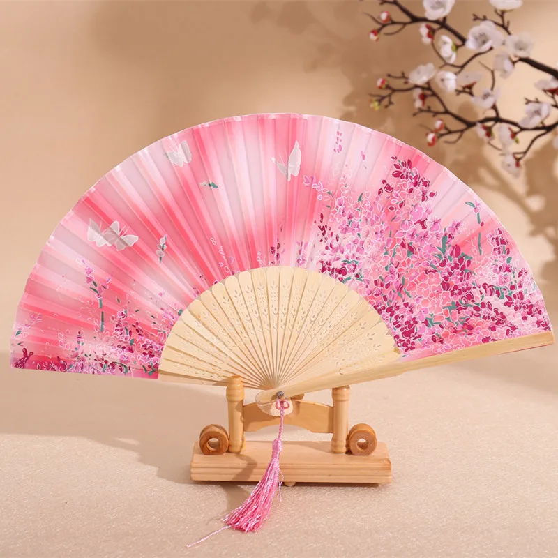 Chinese Vintage Cloth Fans Handheld Wooden Handle Art Flower Patterns Folding Flower Fan Classical Dance Party Performance Tool folding fan hand fan wooden hand fan