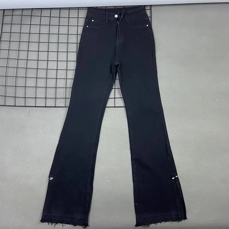 Summer new deep blue elastic slim fit denim pants with slit metal ring hem fashionable women's casual jeans outfit