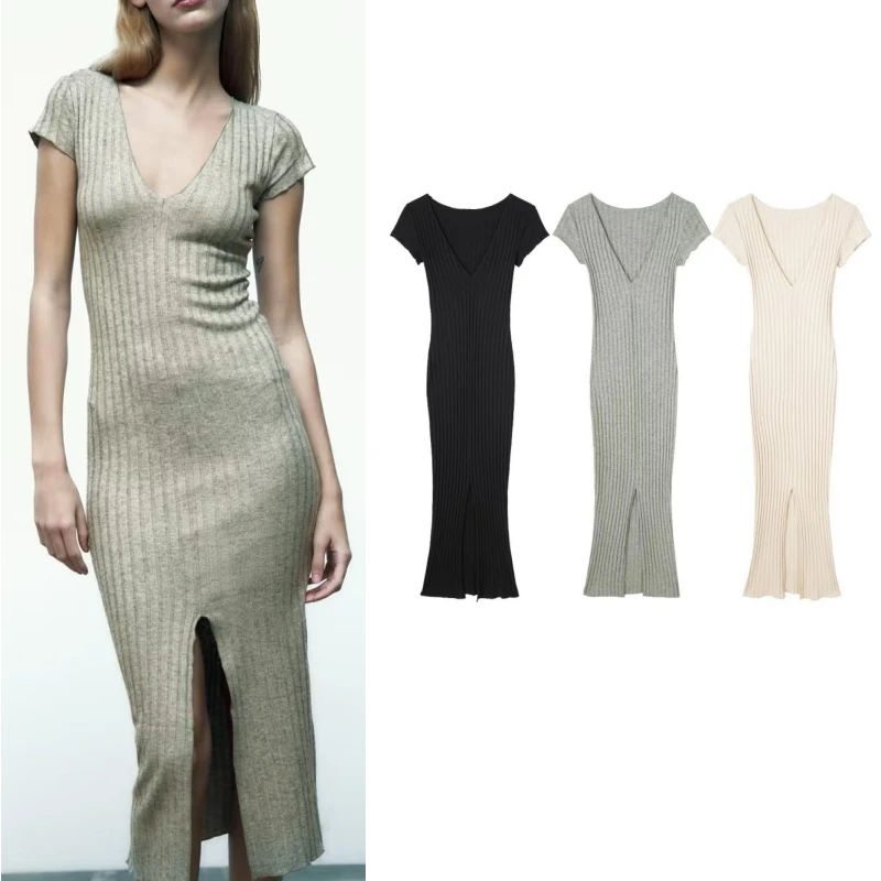 

Spring and summer new women's V-neck ribbed mid-length slim-fit knitted slit dress waist-wrapped hip long dress