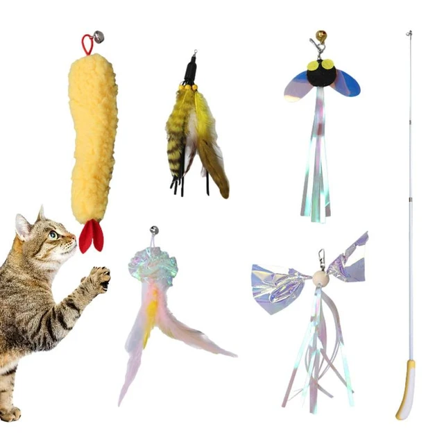 Feather Cat Toy Wand Retractable Teaser Interactive Catcher 6 PCS