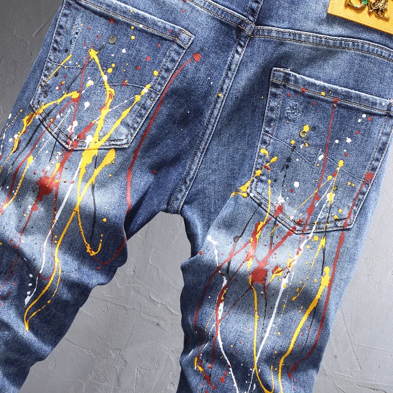 High Street Fashion Men Jeans Retro Blue Stretch Elastic Slim Fit Ripped Jeans Men Painted Designer Hip Hop Denim Pants Hombre