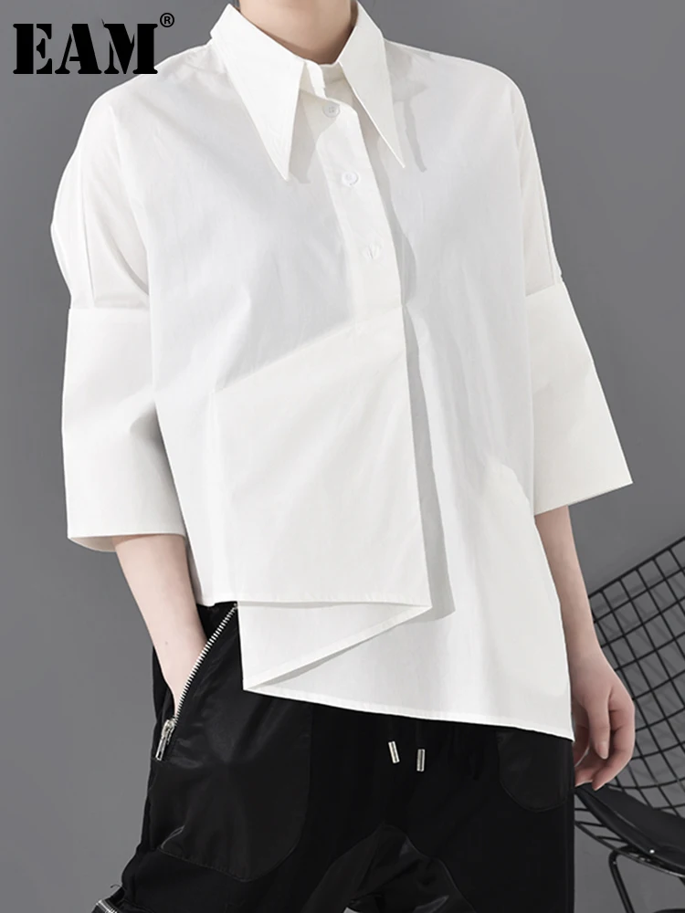 [EAM] Женская белая Асимметричная блузка большого размера новая свободная рубашка
