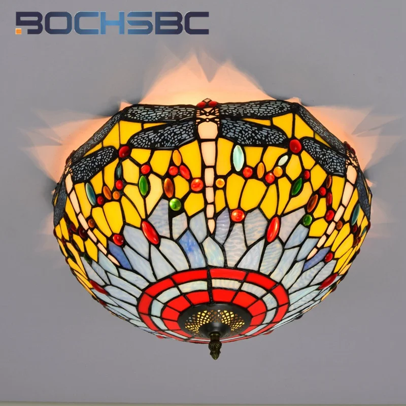 

BOCHSBC Tiffany Pastoral Dragonfly stained glass 16inch overhead light deco dining room bedroom aisle bathroom ceiling light