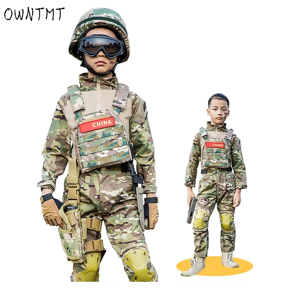 Tactical Suit Kids Outdoor Breathability Elastic Cotton Camouflage Uniform for Children Multi Pocket CS Clothing Training Hunt Special Costume