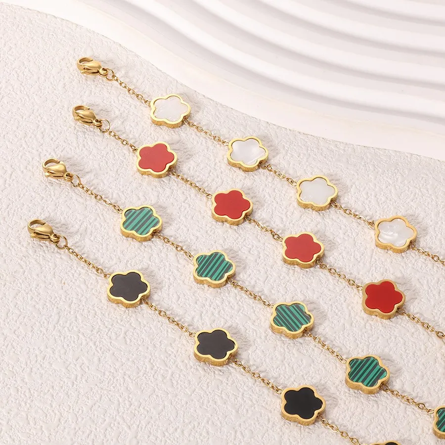 Stainless Steel Bracelet 1 piece stainless steel zircon mother of pearl five leaf flower bracelet women simple fashionable gift