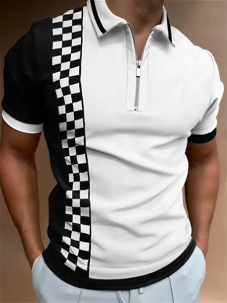 

2023 Fashion Summer New Men's Casual Short-Sleeved Polo Shirt Business Lapel Lattice Splicing T-Shirt Men's Breathable Top