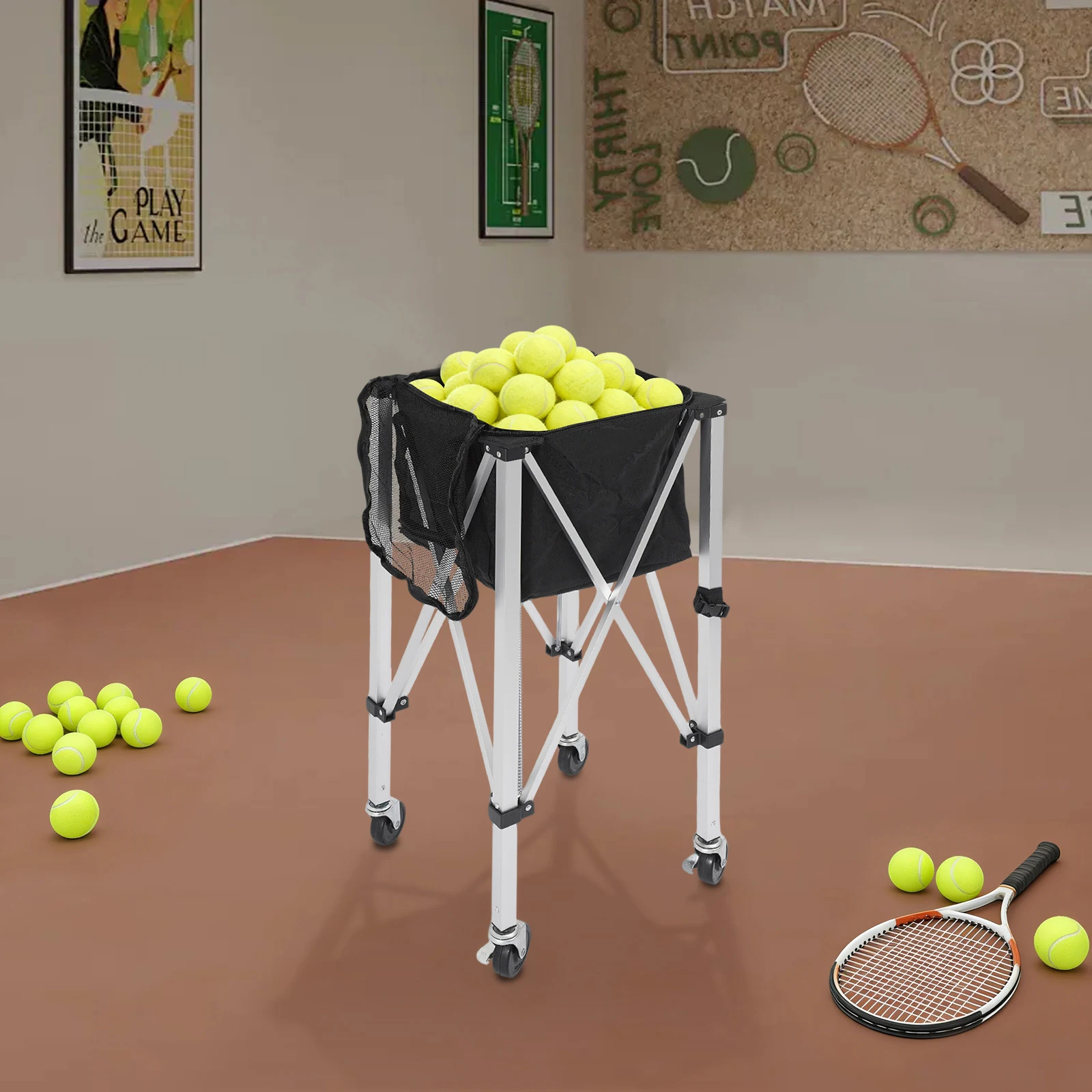 Tragbarer Tenniswagen, faltbarer Tennisballkorb, Tennisballträger, auf Rädern zum Aufbewahren von Badminton- und Baseballbällen – Detail 2
