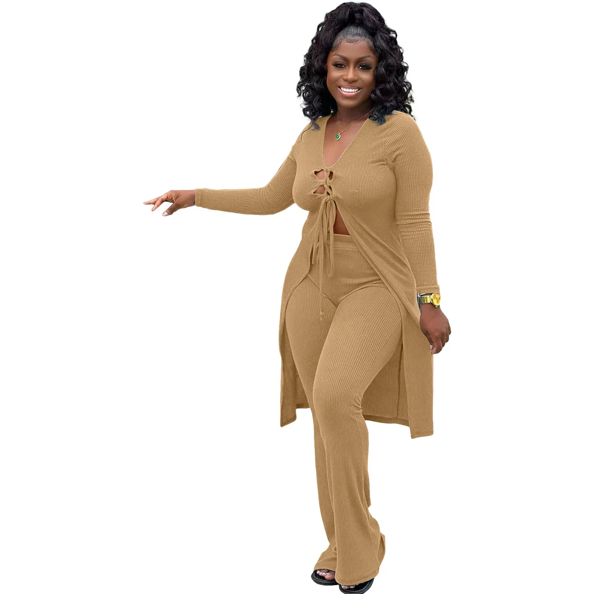 Plus Size Women Sets Hollow Out Ribbed Long Tops And Pants 2022 Fall Fashion Two Piece Set Female Designer Casual Clothing
