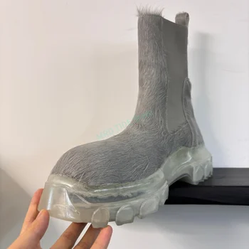 Men Chelsea Boots Genuine Leather Horsehair Slip On Flat Ankle Shoes Owens Platform Increase High Street Vintage Luxury Sneakers