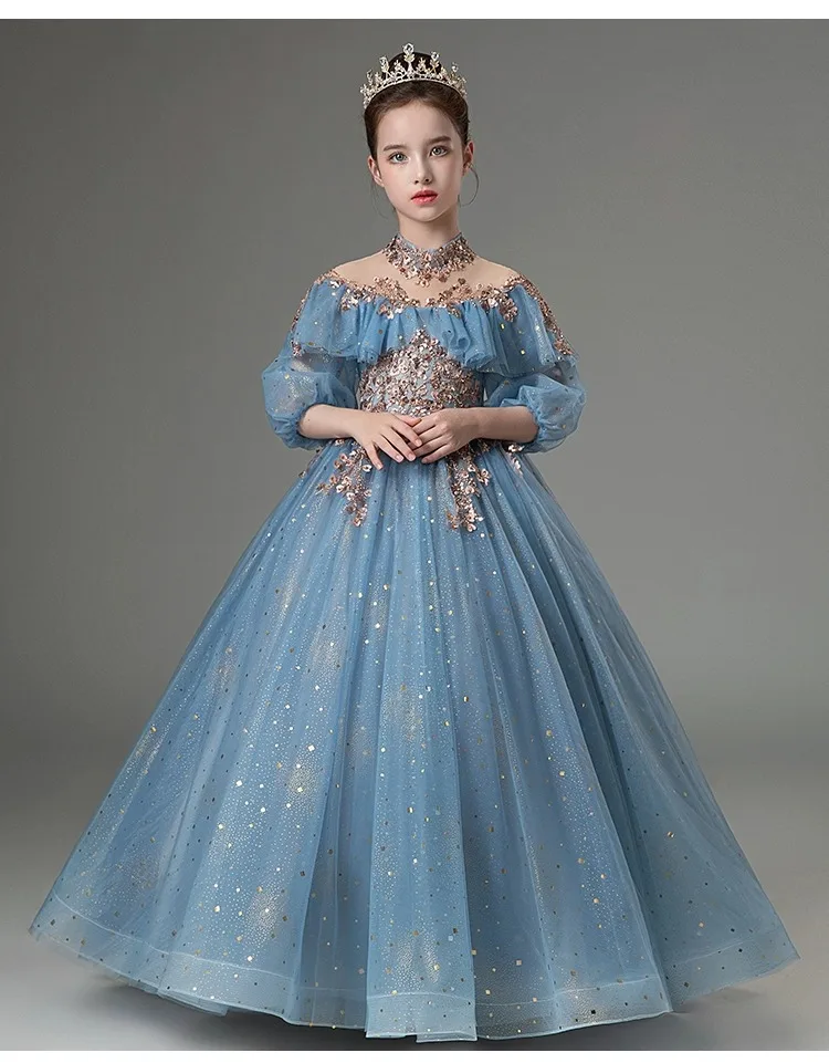 

Newest Girls Formal Gala Ball Gowns Children Piano Performance Elegant Princess Dress Kids Birthday Party Luxury Shiny Costumes