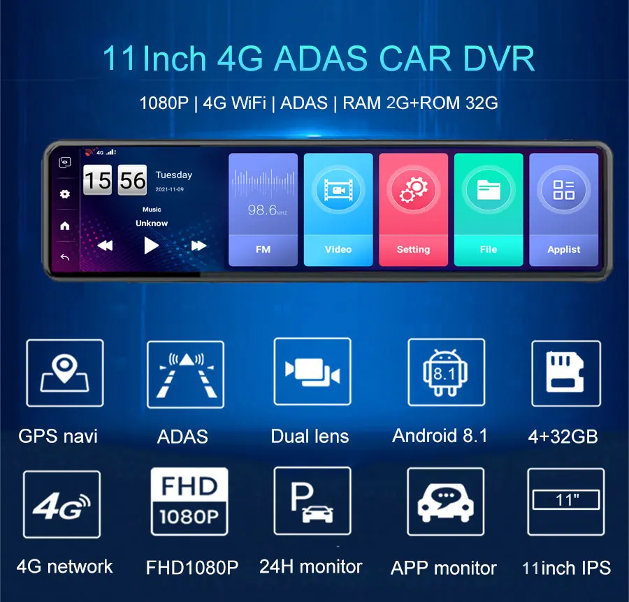 11 Inch ADAS 4G Car Dvr Mirror Dash Cam Android8.1 GPS Bluetooth Support 1080P Rear Camera Night Vision Video Recorder Black Box