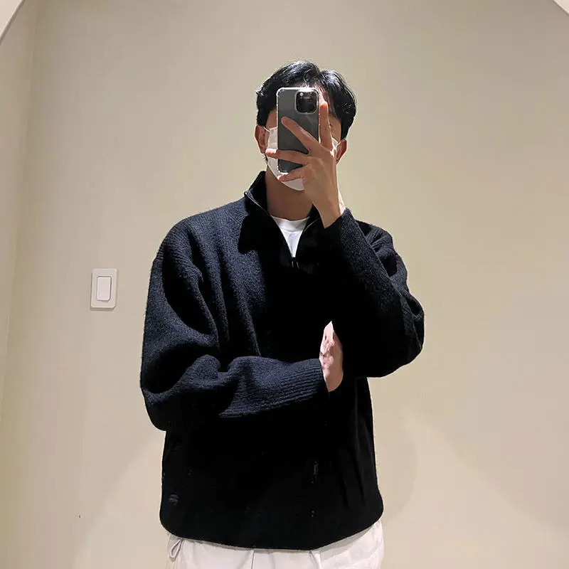 High Street Sweater Simple Casual Half Zipper Men New Korean Chic Solid Color Turn-down Collar Harajuku Fashion Basic Pullovers 5