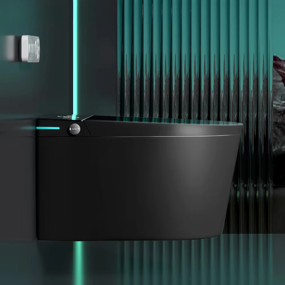 European Modern Intelligent Matt Black Wall Hung Smart Toilet Tank Bathroom Ceramic Wall Mount Drain Remote Control Feature