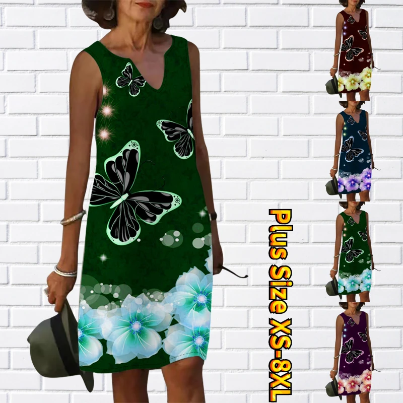 

2023 New Design Print Knee Length Dress Plus Size Summer Women's Sleeveless Loose Tank Top Dress Fashion New Trend Dress