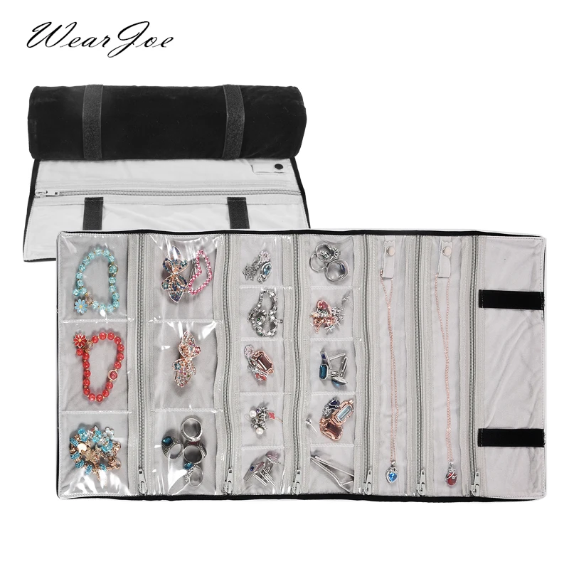 Portable Transparent Jewelry Organizer Roll Bag 18/11 Grid with Zipper Travel Jewelry Ring Earring Necklace Storage Display Case