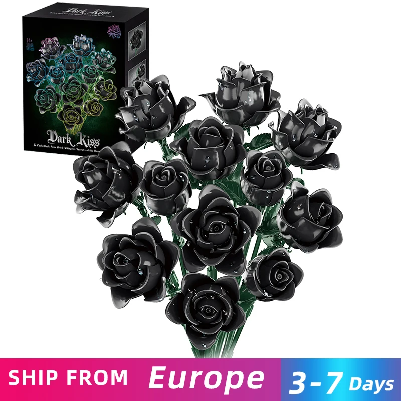 12PC Schwarze Rose Bausteine Pflanzenstrauß Simulierte Rosen Blumen Gothic Dekoration Home Display Urlaub Geschenke Kinder Spielzeug