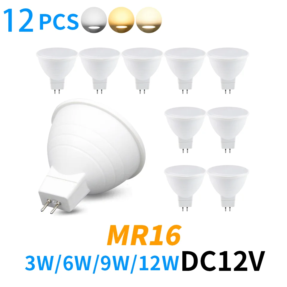 Led spotlight MR16 DC12V 12PCS 3W 6W 9W 12W LED Spotlight Bulb High Efficiency Chips High Brightness Energy Saving PC Material
