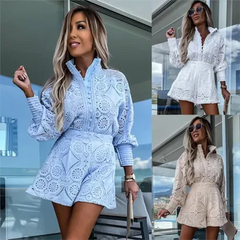 Women Fashion Lace Shirt Single Breasted Long Sleeve Shorts Set Spring Summer Slim Elegant Ladies Office White Shorts 2piece Set