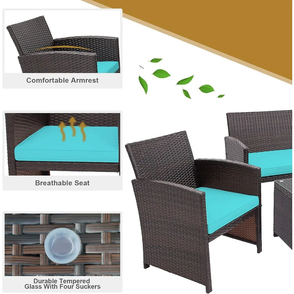 4 Pieces Wicker Patio Furniture Set, Outdoor PE Rattan Conversation Set with Chairs,Loveseat, Coffee Table,Cushions for Poolside 5