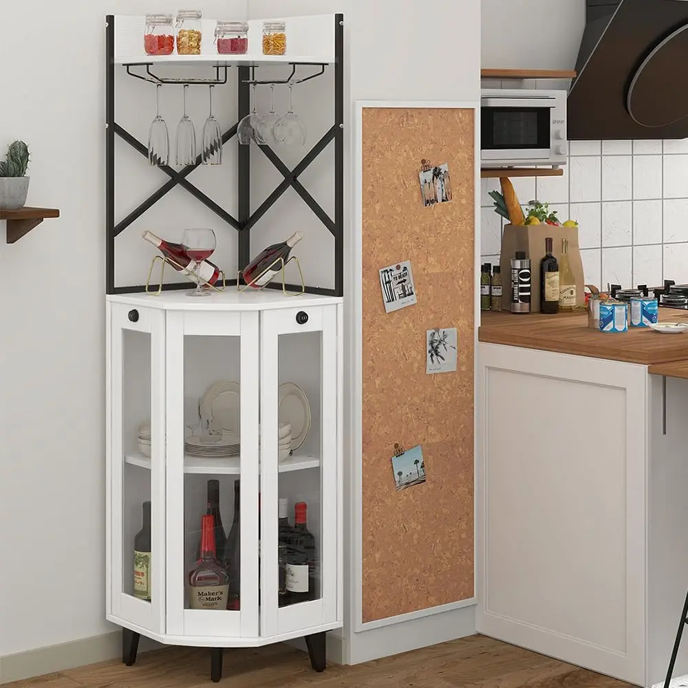Corner Wine Cabinet with Lockable Glass Door & LED Light, 4-Tier Liquor Bar Unit, Modern Farmhouse Home Bar