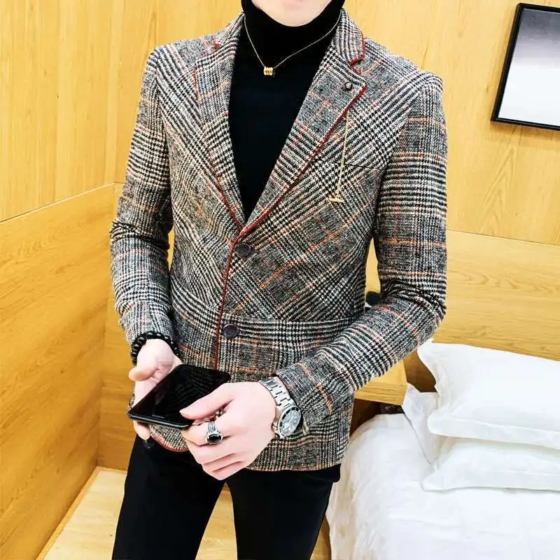 Men Wool blend Blazer Plaid Suit Jacket Men Blazer Masculino Vintage Terno Masculino Blazers Terno Blaser Homens