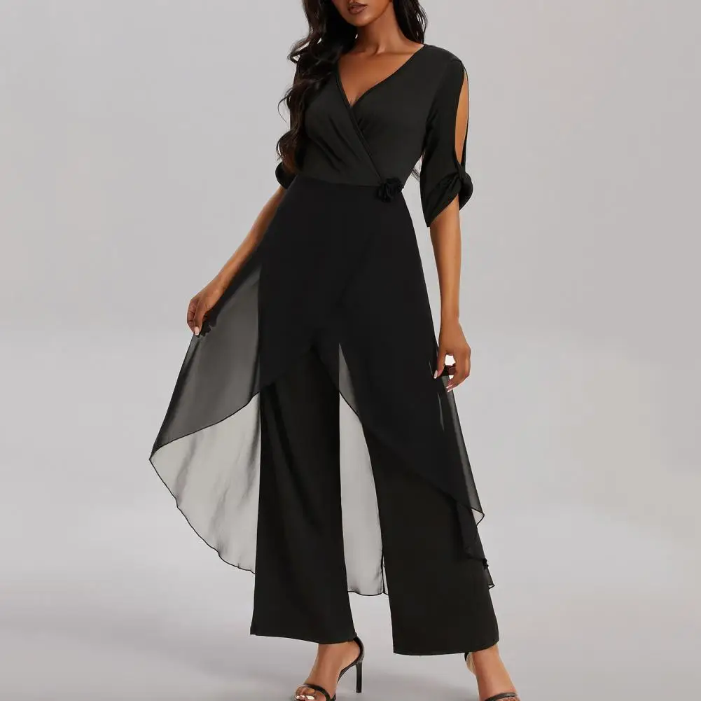 

Женский деловой комбинезон с высокой талией, элегантный комбинезон с V-образным вырезом и застежкой-молнией сзади с розовым декором, Официальный деловой стиль с высокой талией