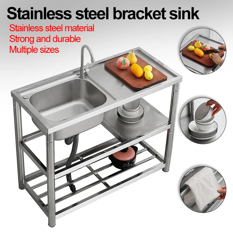Stainless Steel Sink Kitchen Household Thickened Single Trough with Bracket Wash Basin Sink with Platform Easy Landing kitchen sink