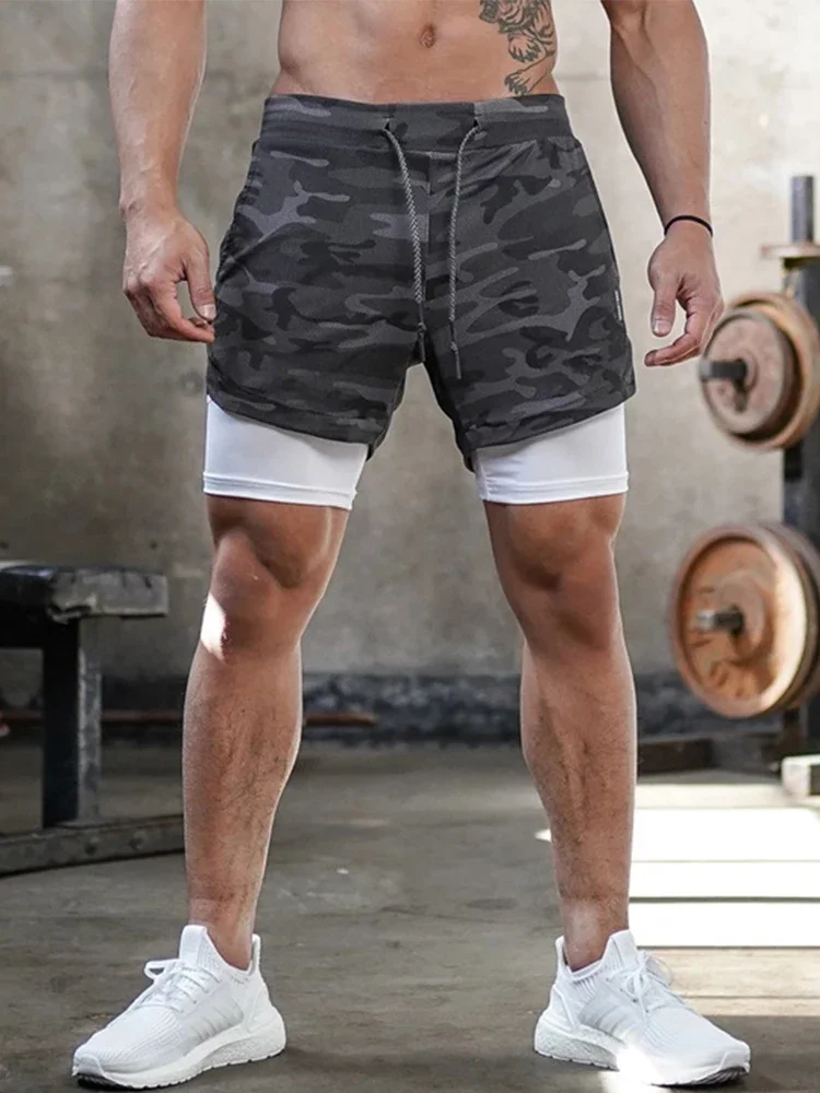 Running Shorts Sports Shorts Fitness Pants Men Camo 2 In 1 Quick Dry Workout Training Gym Jogging Summer