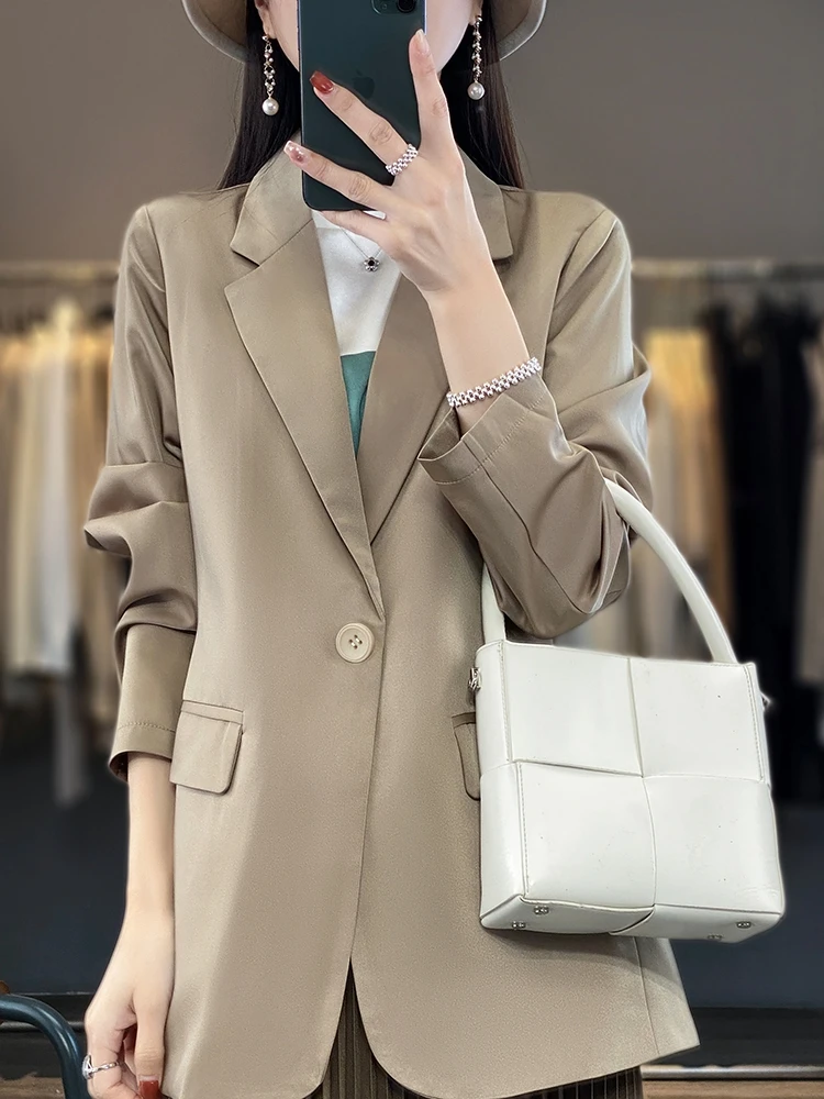 Spring and Autumn Upscale Latest Women's Temperament Solid Color Acetate Satin Smooth Fabric High Grade Fashion Suit Top