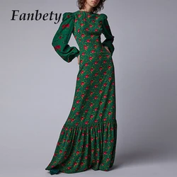 2024 Fashion Holiday Stitching Ruffle Dress Sexy Bohemian Lantern Sleeve A-Line Maxi Dress Women V-Neck Print Elegant Long Dress